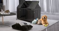 45" Heavy Duty Dog Crate Indestructible Pet Dog Cage Crate Kennel with Roof Top 2 Doors Removable Trays, Lockable Wheels